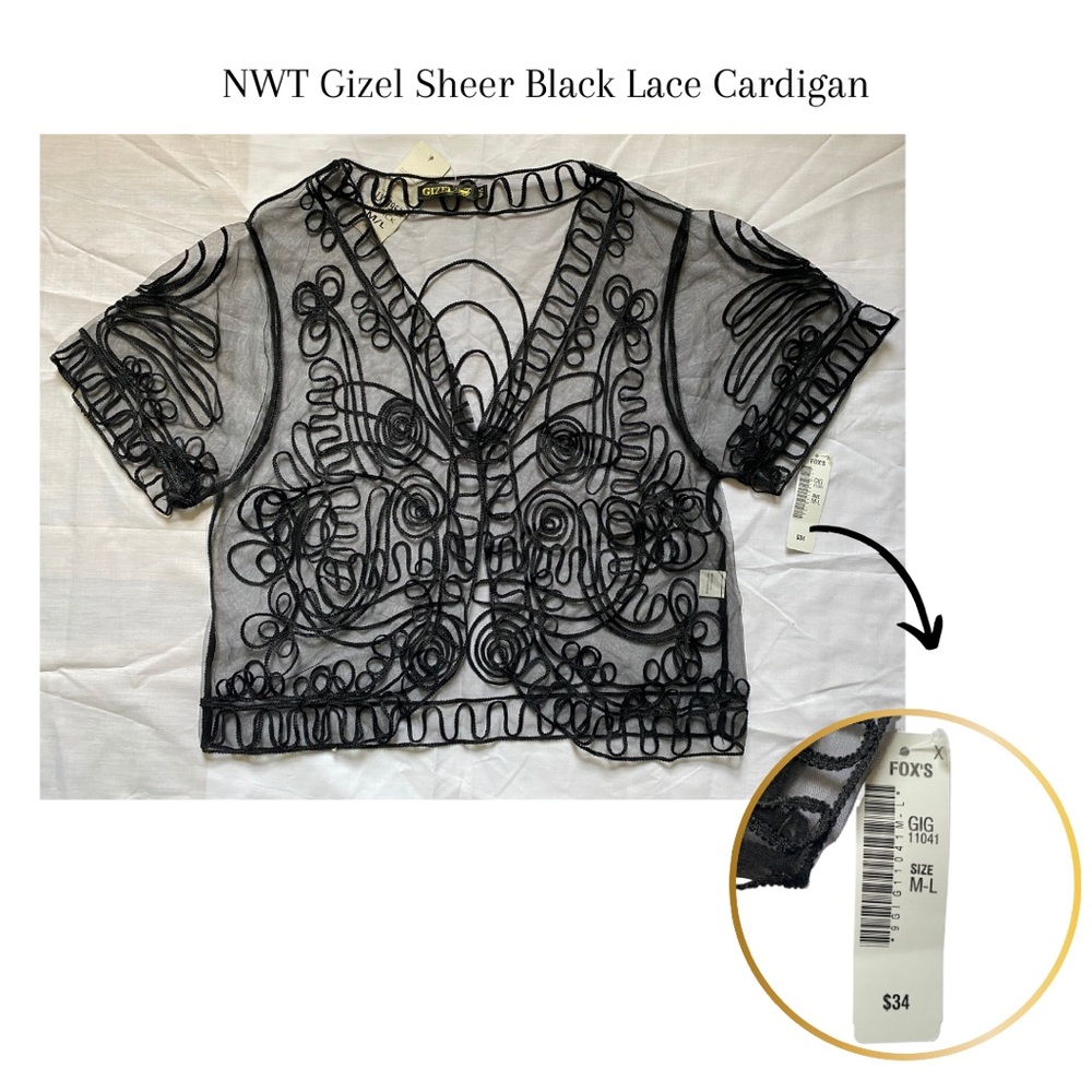 NWT Fox’s Gizel Sheer Black Lace Cardigan; Size M-L